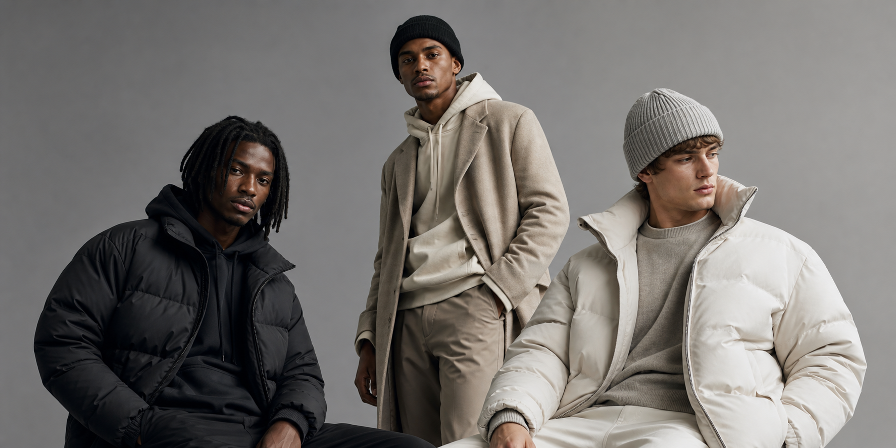 Three models wearing neutral winter streetwear in a gray studio.